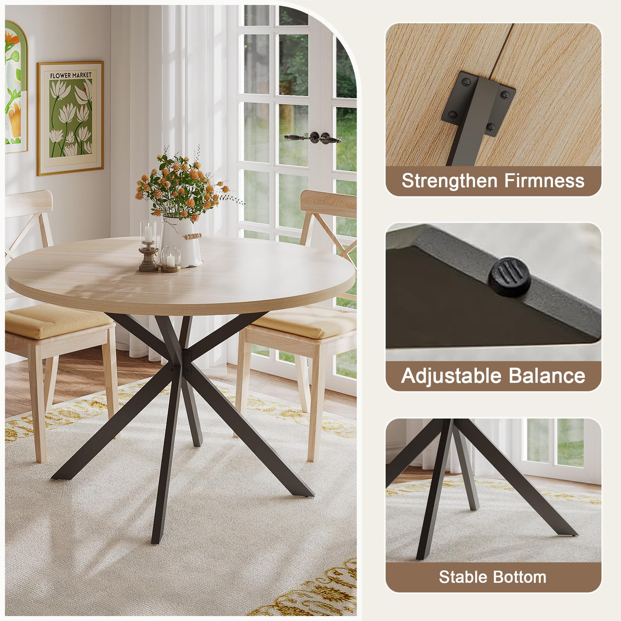 ChooChoo 47.2 Inch Round Dining Table for 4, Farmhouse Wood Kitchen Table, Circle Dinner Table for Kitchen & Dining Room, Natural Oak ChooChoo