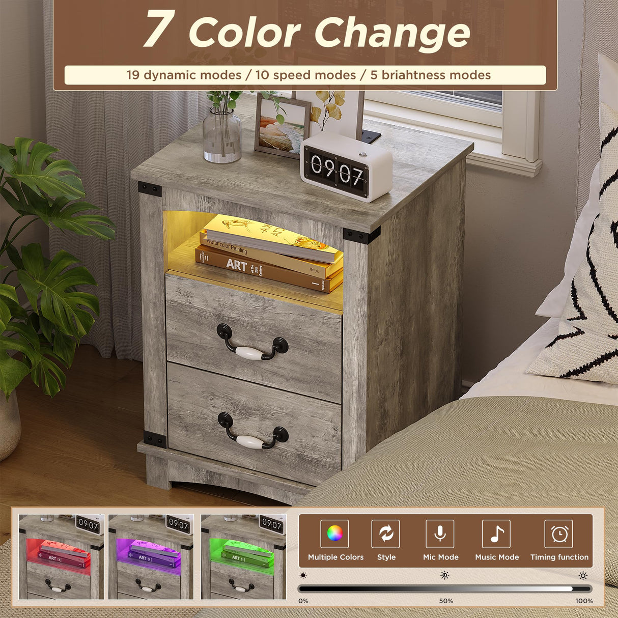 Maupvit Farmhouse Night Stand with Charger Station & Ceramic Handle, Wood Nightstand with 2 Storage Drawers, LED Bedroom Nightstand, Bedside Tables, Grey Maupvit