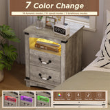 Maupvit Farmhouse Night Stand with Charger Station & Ceramic Handle, Wood Nightstand with 2 Storage Drawers, LED Bedroom Nightstand, Bedside Tables, Grey Maupvit