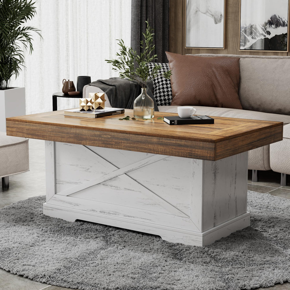 Lareth Coffee Table 39 in Farmhouse Center Table with X-Design Wooden Pedestal for Living Room, Space Saving, Easy Assembly Rectangle Home Office Tea Accent Table for Apartment, Antique White Walnut Lareth
