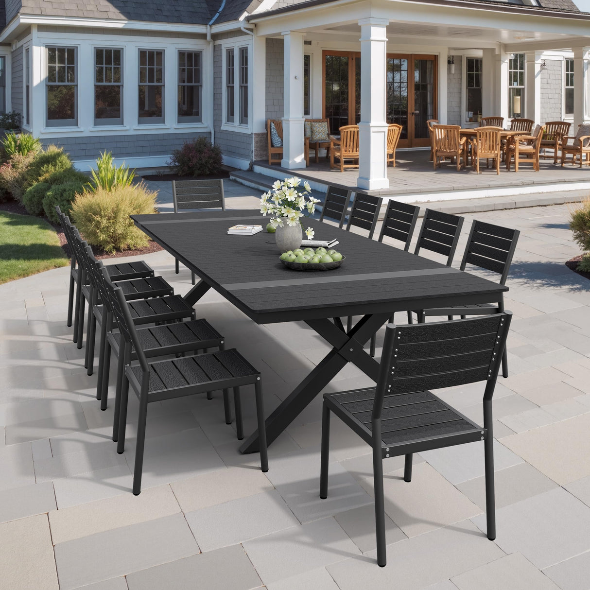 Pellebant 13 Piece Patio Table and Chairs Set for 12, Aluminum Outdoor Dining Set with Umbrella Hole, Stackable Dining Chairs & 114" Dining Table, Brown Pellebant