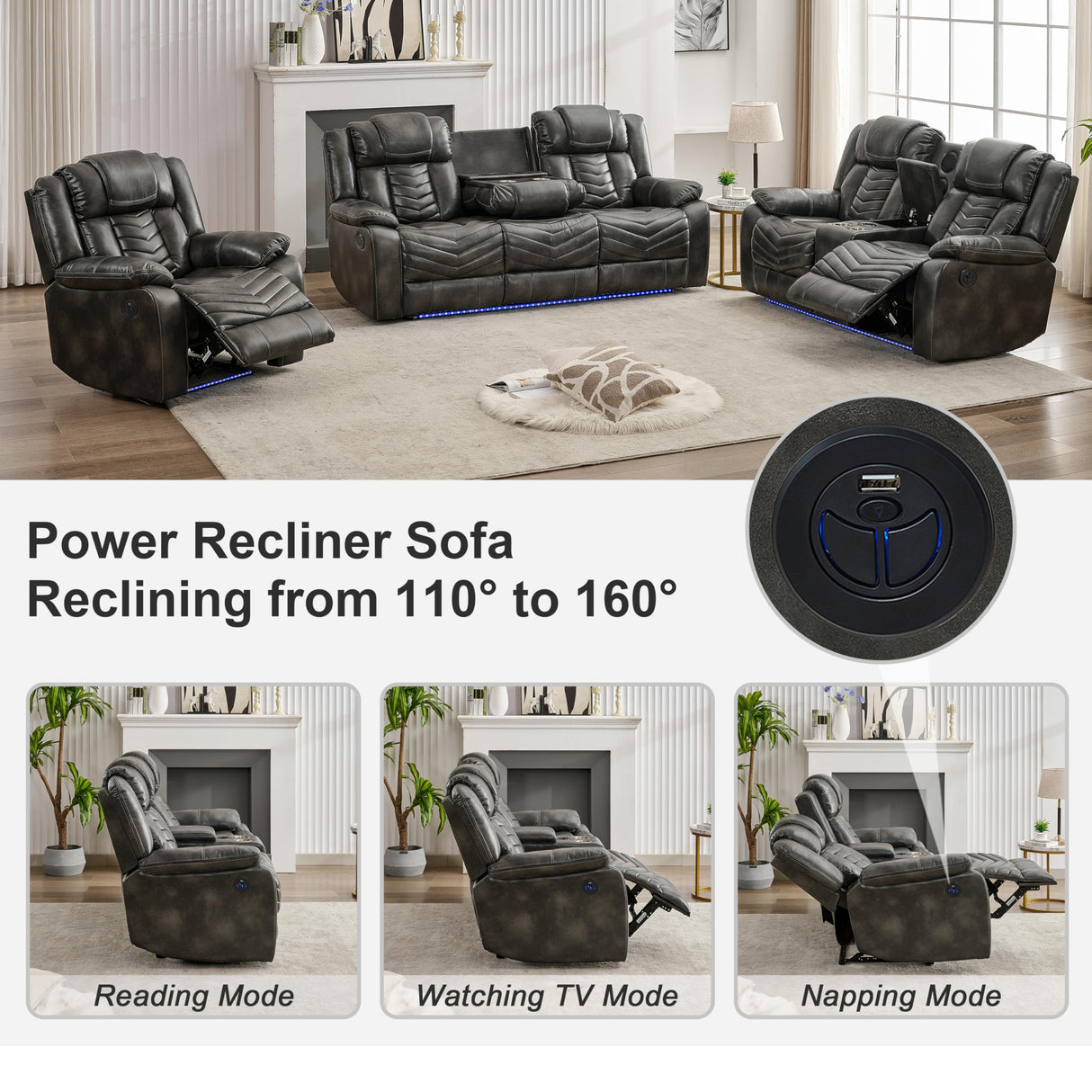 Power Recliner Sofa Set 5-Seater with Zero Gravity,Bass Speaker,Wireless Charger,USB/Type-C Ports,LED Lights,Cup Holders,Faux Leather Electric Reclining Loveseat Couch Recliner Sets,2 Piece,Gray Comfort Stretch