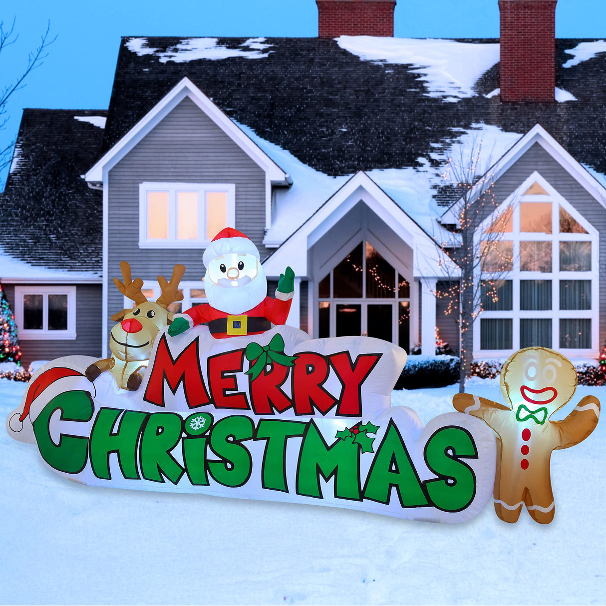 Joiedomi 9.5 FT Christmas Inflatable Merry Christmas Sign with Santa, Reindeer & Gingerman, LED Lit for Outdoor Yard Garden Lawn Winter Decor Joiedomi