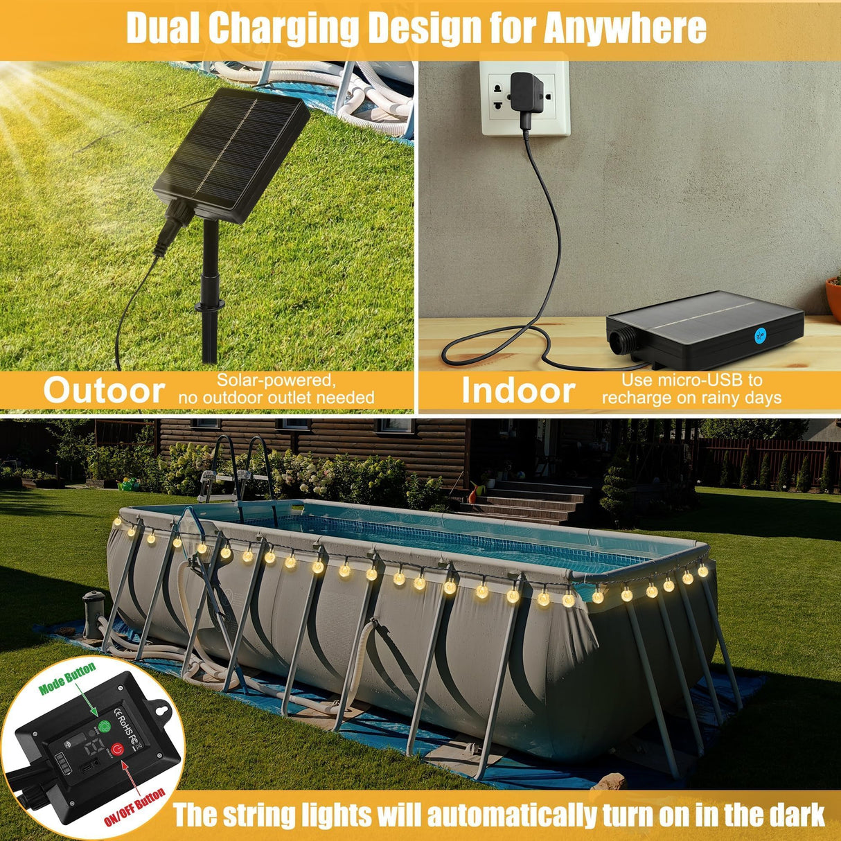 Hahood 88 Ft Solar Pool String Lights for Above Ground Pools 100 LEDs Outdoor Waterproof Pool Trampoline Globe Lights for Frame Pool Decor 8 Lighting Modes Pool Accessories for 18 Ft Swimming Pools Hahood