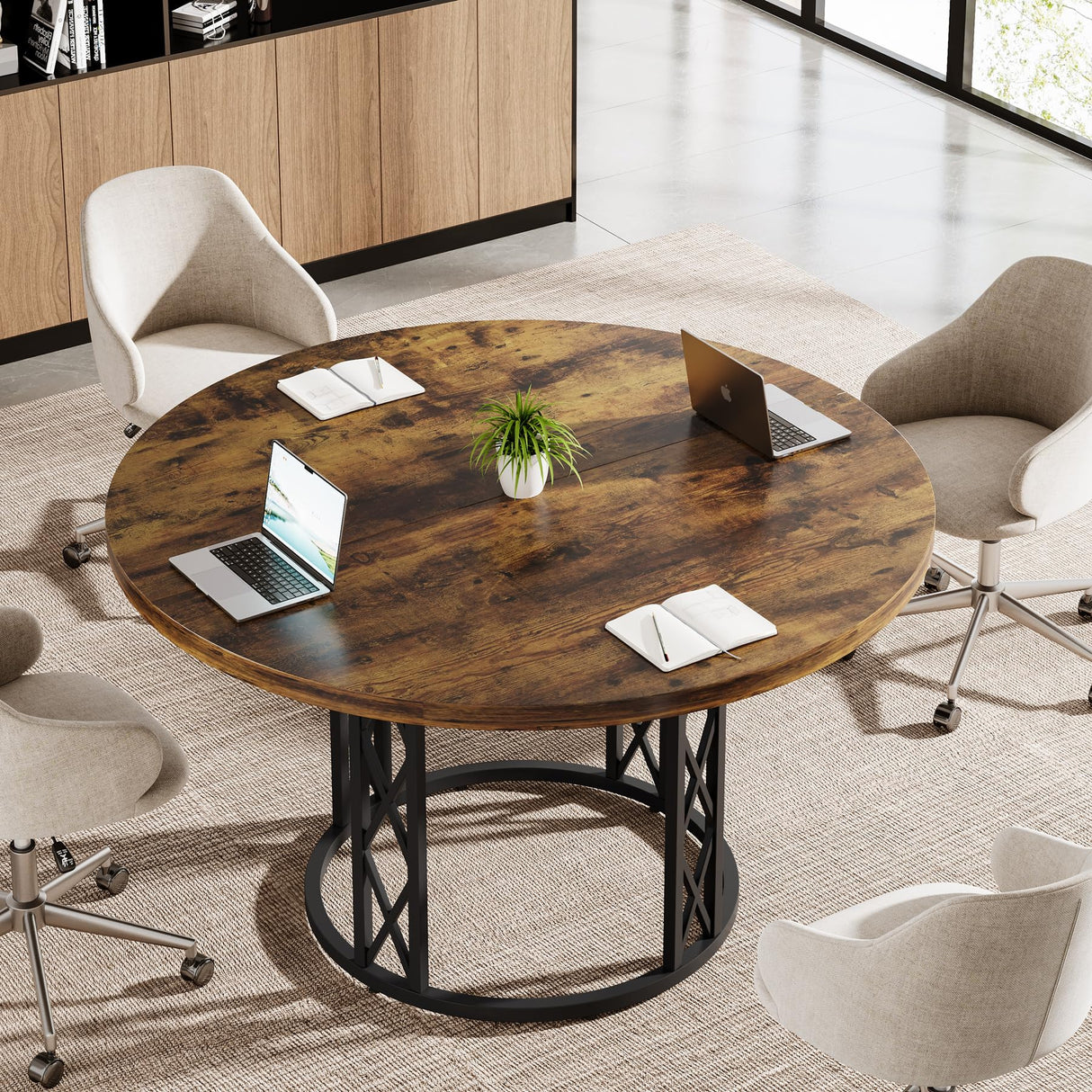 Tribesigns 47" Round Conference Table, Round Business Meeting Table with Metal Base, Small Seminar Table Reception Negotiation for Office Meeting Conference Room Tribesigns