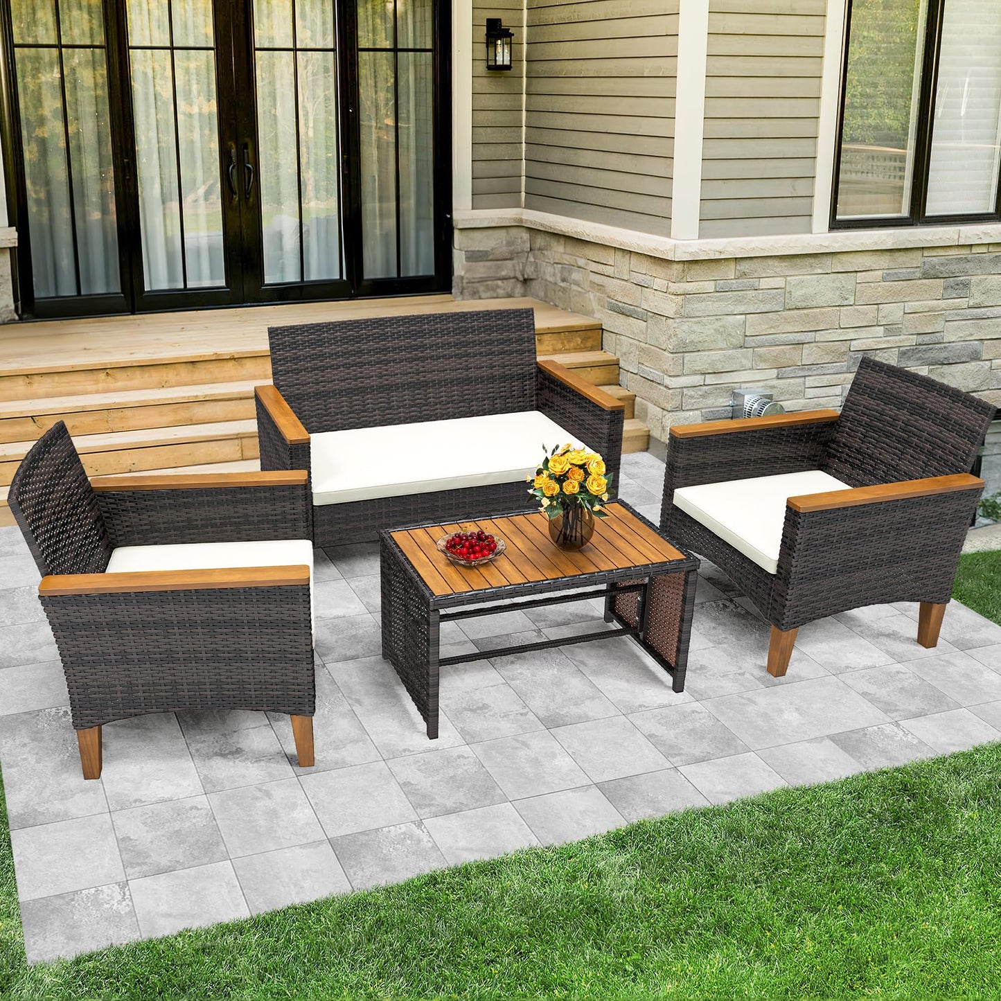 YITAHOME Wooden Armrest 4-Piece Patio Furniture Set, All-Weather Outdoor Furniture Rattan Wicker Conversation Set with Wooden Side Table, Wooden Armrests &Feet and Soft Cushions, Brown+Beige - WoodArtSupply