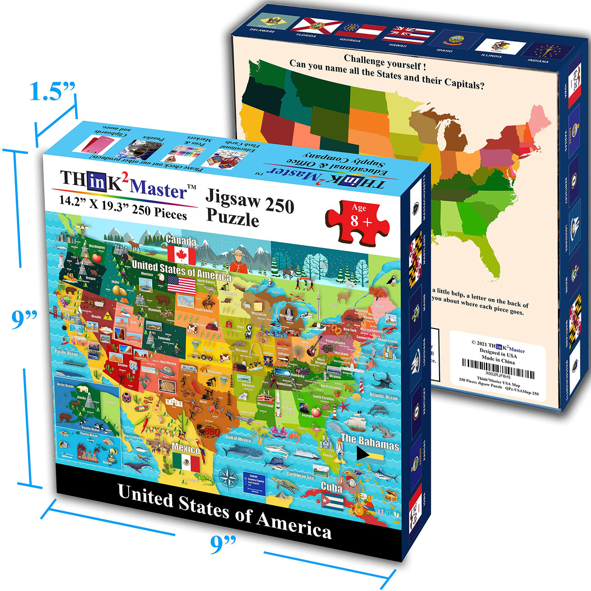 Think2Master United States Map 250 Pieces Jigsaw Puzzle Fun Educational Toy for Kids 8-10 10-12, School & Families. Great Gift for 8+ to Stimulate Learning of USA. Size: 14.2” X 19.3” THINK2MASTER