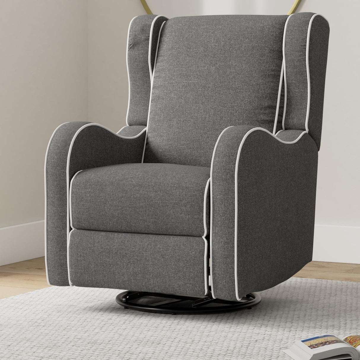 Angel Line Rebecca Upholstered Swivel Gliding Recliner, Dark Gray Linen with White Piping Angel Line