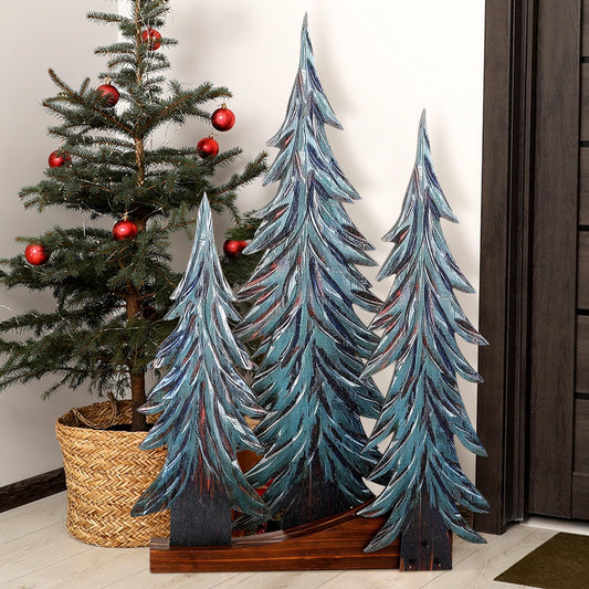 Threehoney 24 Inch Christmas Tall Pines Tree Alpine Trees Set of 3 Tabletop Christmas Decor Wooden Christmas Tree Standing Rustic Xmas Tree for Winter Mantle Fireplace Living Room Bathroom Porch