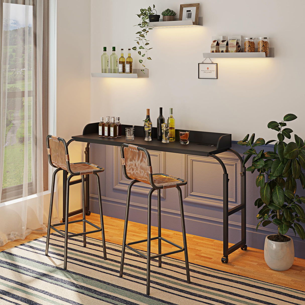 HWB Over Bed Desk with Auto-Sensor LED Lights,Over Bed Table with Wheels Adjustable Height with Charging Station,Beside Table,Rolling Tray Table for Laptop and Writing for Living Room,Black HWB