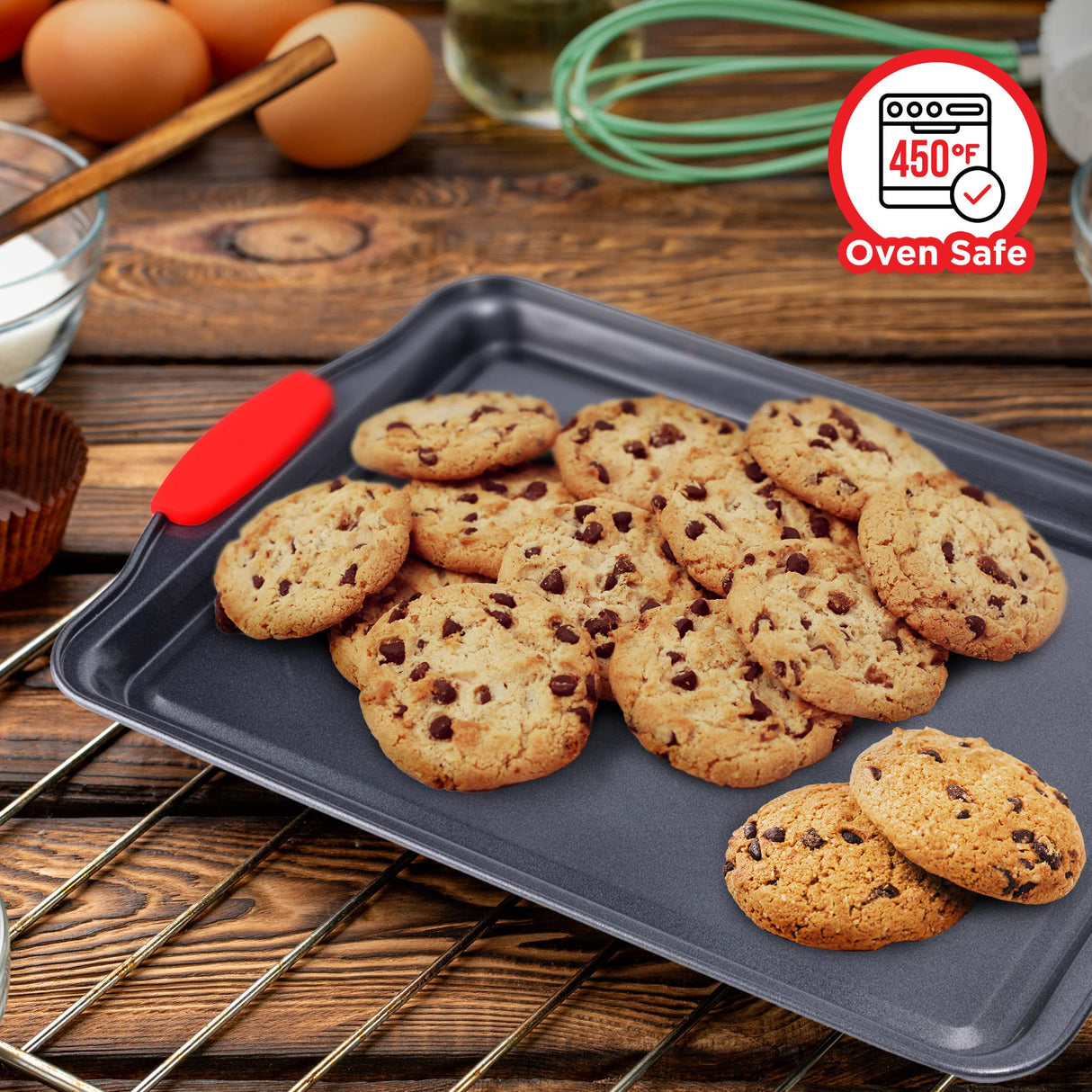 Baking Pan Set – 3 Piece Cookie Sheet – Deluxe Black Non-Stick Carbon Steel – Silicone Handles – Commercial Grade Restaurant Quality – PFOA PFOS and PTFE Free by Bakken BAKKENMASTER