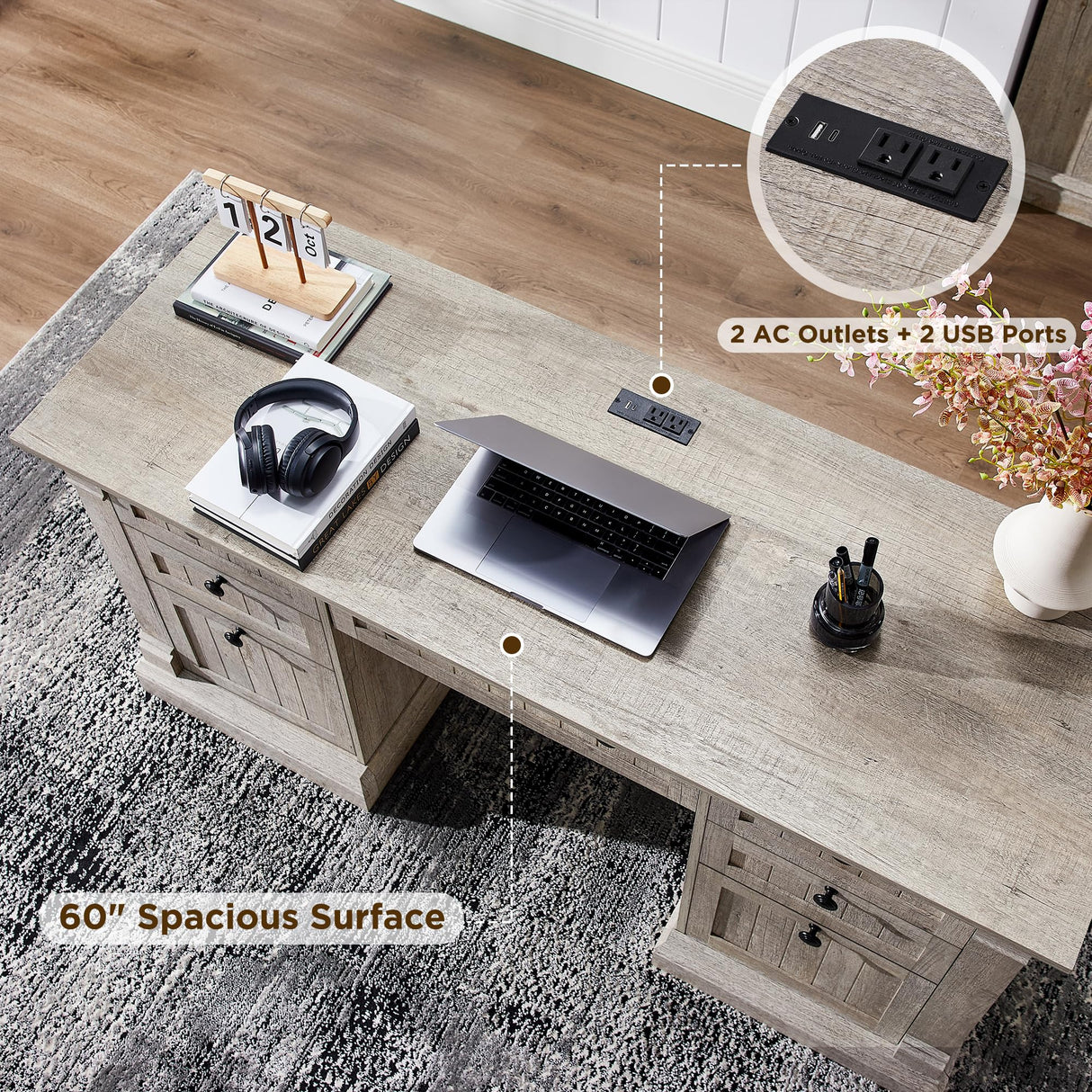 OKD 60" Executive Desk with Drawers, Farmhouse Home Office Desk with Charging Station, Keyboard Tray, File Cabinet Storage, Wood Computer Desk for Work and Study, Light Rustic Oak OKD