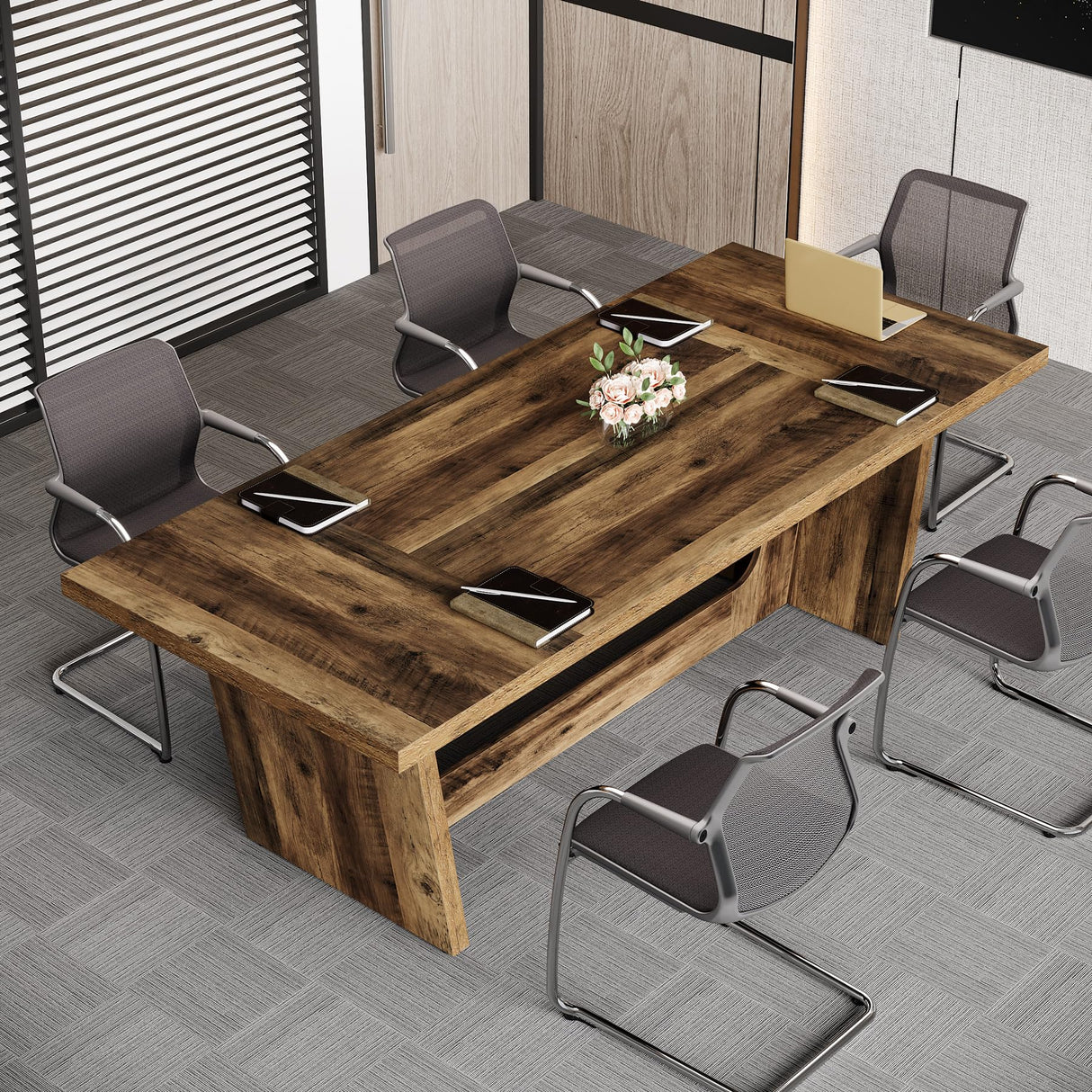 Tribesigns 6FT Conference Table, 71” Rectangular Executive Meeting Table for Office, Large Sturdy Business Desk with Solid Wooden Pedestal, Industrial Seminar Table, Dark Brown Tribesigns