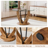 LFVFFA Round Dining Table Set for 4, 48 Inches Kitchen Table with 4 Brown Chairs, Tempered Glass Tabletop with Wood Pedestal Base, 5 Pieces Dinner Table Set for Living Room Apartment LFVFFA