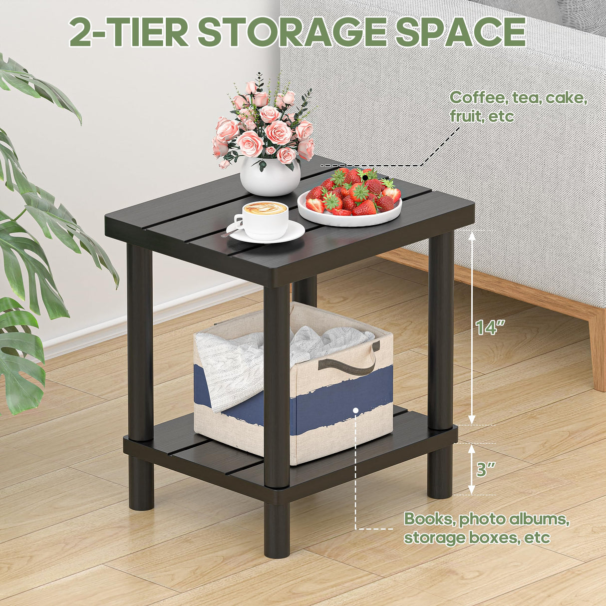 LEJANEOYE Outdoor Side Table, 2-Tier Small Outdoor Table for Patio, Adirondack Side Tables for Outside or Indoor, Bamboo End Table for Pool, Porch, Weather Resistant Easy Maintenance-Black LEJANEOYE