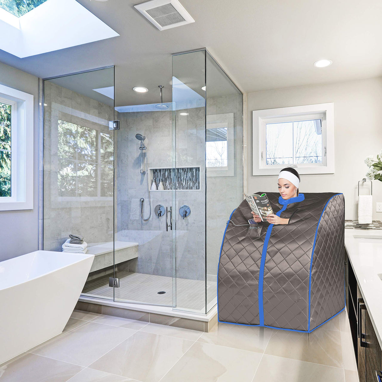 SereneLife Portable Sauna for Home, Infrared Sauna Tent with Heated Foot Pad and Folding Chair, Compact Personal Rejuvenation Sauna, Remote Control In-Home Spa, 38" x 32” - (Black) SereneLife