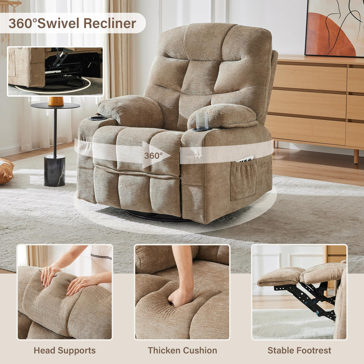 Hicosit Manual 360°Swivel Rocker Recliner Chair,Single Recliner Seat with Cup Holders,Recliner Chairs for Adults, Upholstered Fabric Lazy Boy Recliner for Bedroom,Living Room,Brown Hicosit