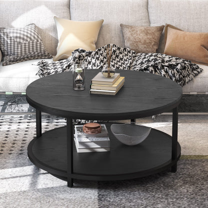 WiberWi Rustic Industrial 35.8" Round Coffee Table with Storage Shelf and Sturdy Metal Legs, Easy Assembly - WoodArtSupply