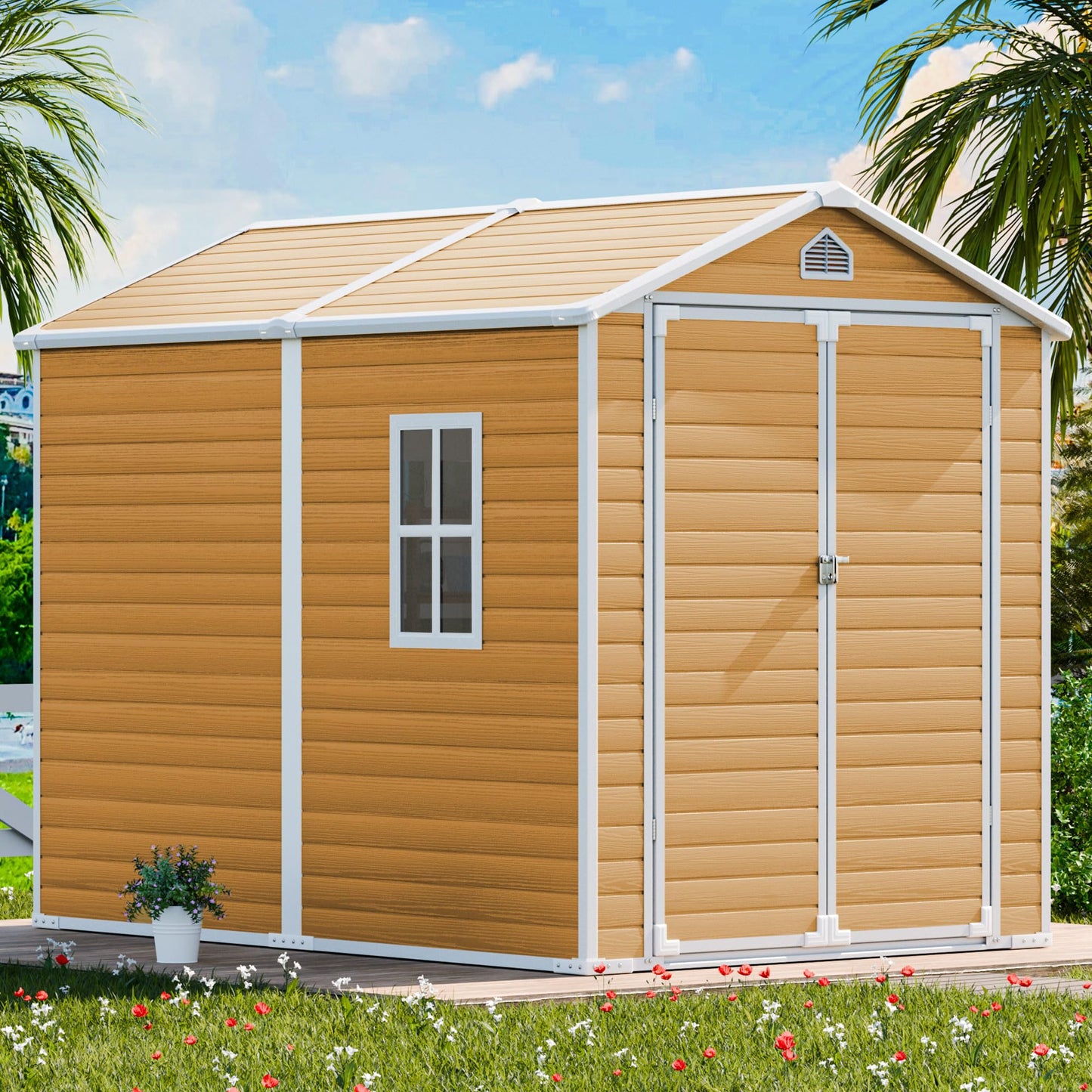 CDCASA 8x6 FT Resin Storage Shed, Waterproof Large Outdoor Shed with Floor & Lockable Door & Window & Vents, Plastic Tool Shed for Backyard, Patio, Poolside, Lawn, Wood Grain - Brown