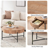 IDEALHOUSE Round Coffee Table Living Room Wood Center Table with Two Drawers Farmhouse Coffee Table Rustic Circle Cocktail Table Metal Legs, Easy Assembly, Natural IDEALHOUSE