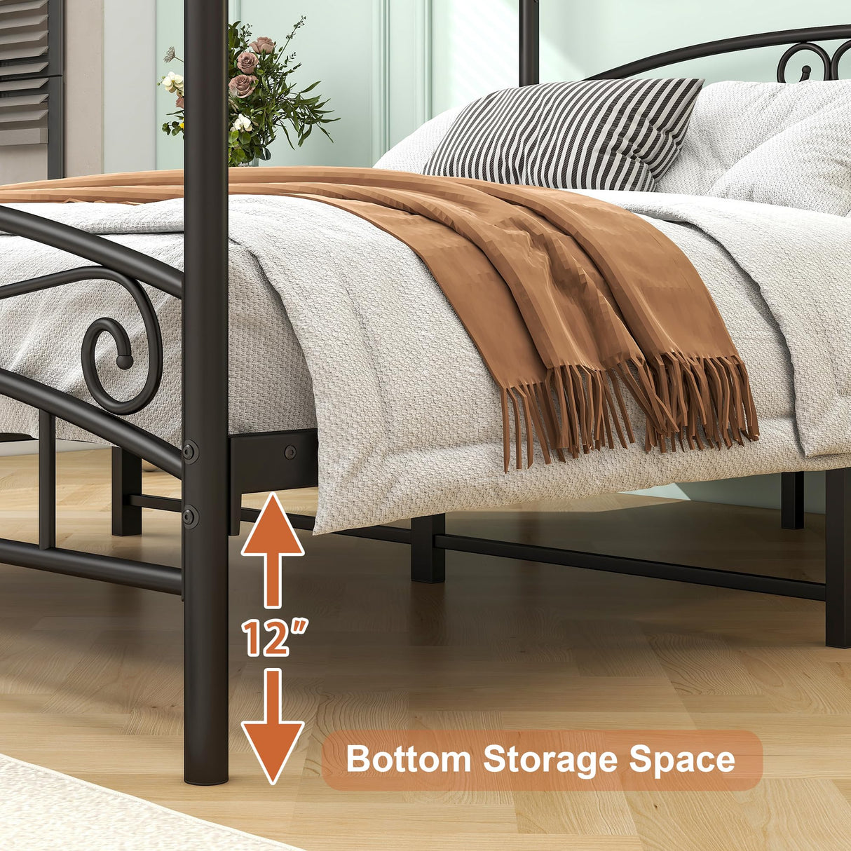 MaiDeHaoo Metal Canopy Bed Frame Queen Size, Metal Platform Bed with Sturdy Slatted Structure, 4-Poster Canopy Bed Frame with Headboard and Footboard, Noise-Free, Black MaiDeHaoo