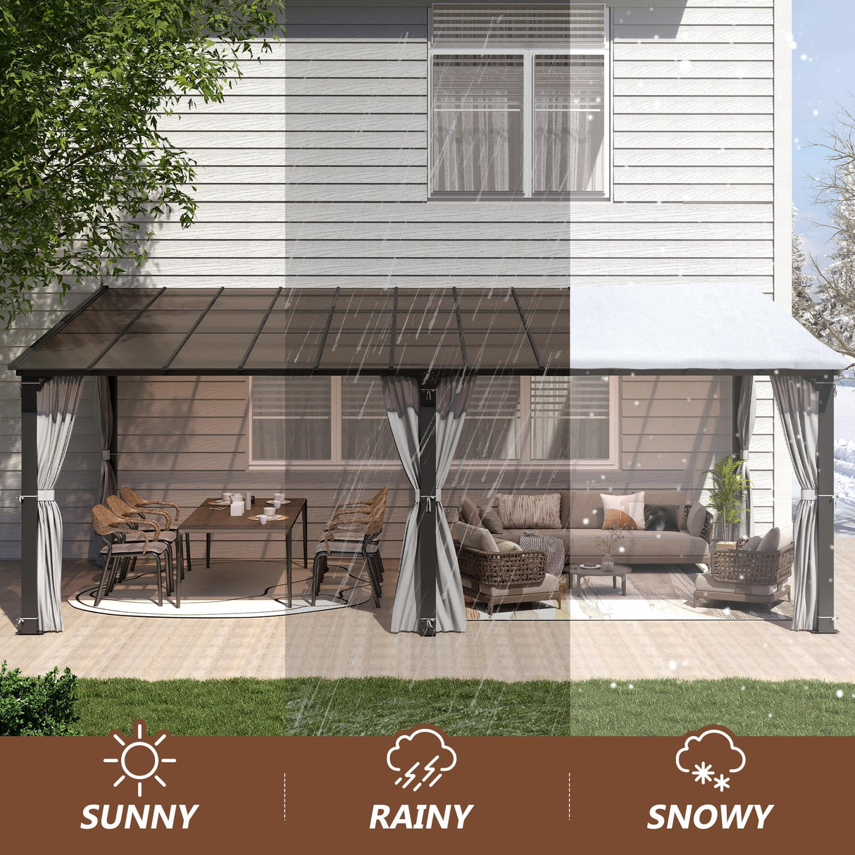 Raysfung 12 x20FT Outdoor Wall-Mounted Hardtop Gazebo, Aluminum Frame Lean to Gazebo with Polycarbonate Roof and Curtains for Patio, Garden, Deck Raysfung