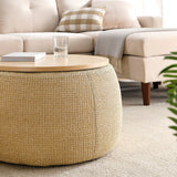 Kakotito Modern Round Storage Ottoman with Wooden Lid,Circle Ottoman Handmade Ottoman Coffee Table,End Table & Footstool for Living Room (Natural) Kakotito