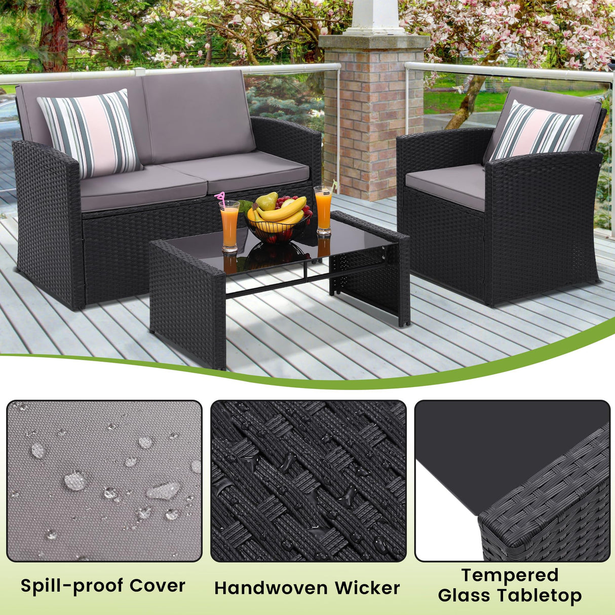 KROFEM 4 Pieces Patio Conversation Set, Outside Rattan Sectional Sofa, Cushioned Furniture Set, Wicker Sofa Ideal for Garden, Porch, Backyard, Black Color Rattan and Light Grey Cushion KROFEM