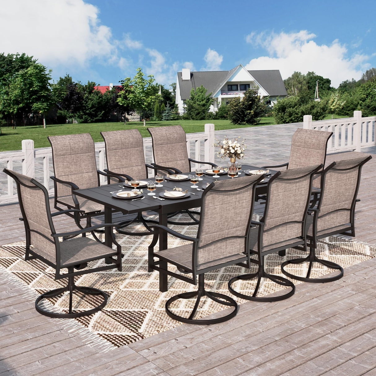 HERA'S HOUSE Outdoor Patio Dining Set of 9, 9 Piece Outdoor Table and Chairs Set of 1 Extendable Large Patio Table and 8 Quick Dry Textilene Swivel High Back Rocking Chairs for Lawn, Park, and Garden HERA'S HOUSE