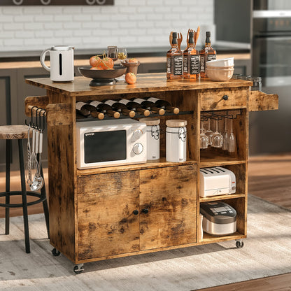 IRONCK Rolling Kitchen Island Cart with Drop-Leaf and Wine Rack, Microwave Rack Serving Cart on Wheels with Drawer & Shelves & Spice Rack & Cup Hanging, Vintage Brown