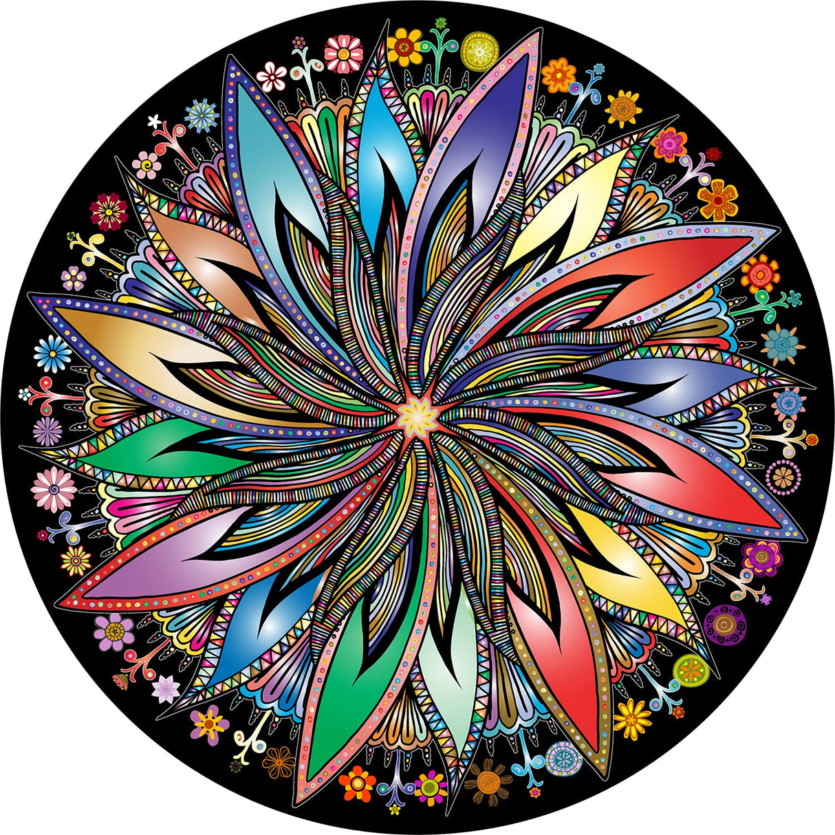 Bgraamiens Puzzle-Blooming Flowers-1000 Pieces Creative Geometric Round Blue Board Colorful Mandala Jigsaw Puzzle Bgraamiens