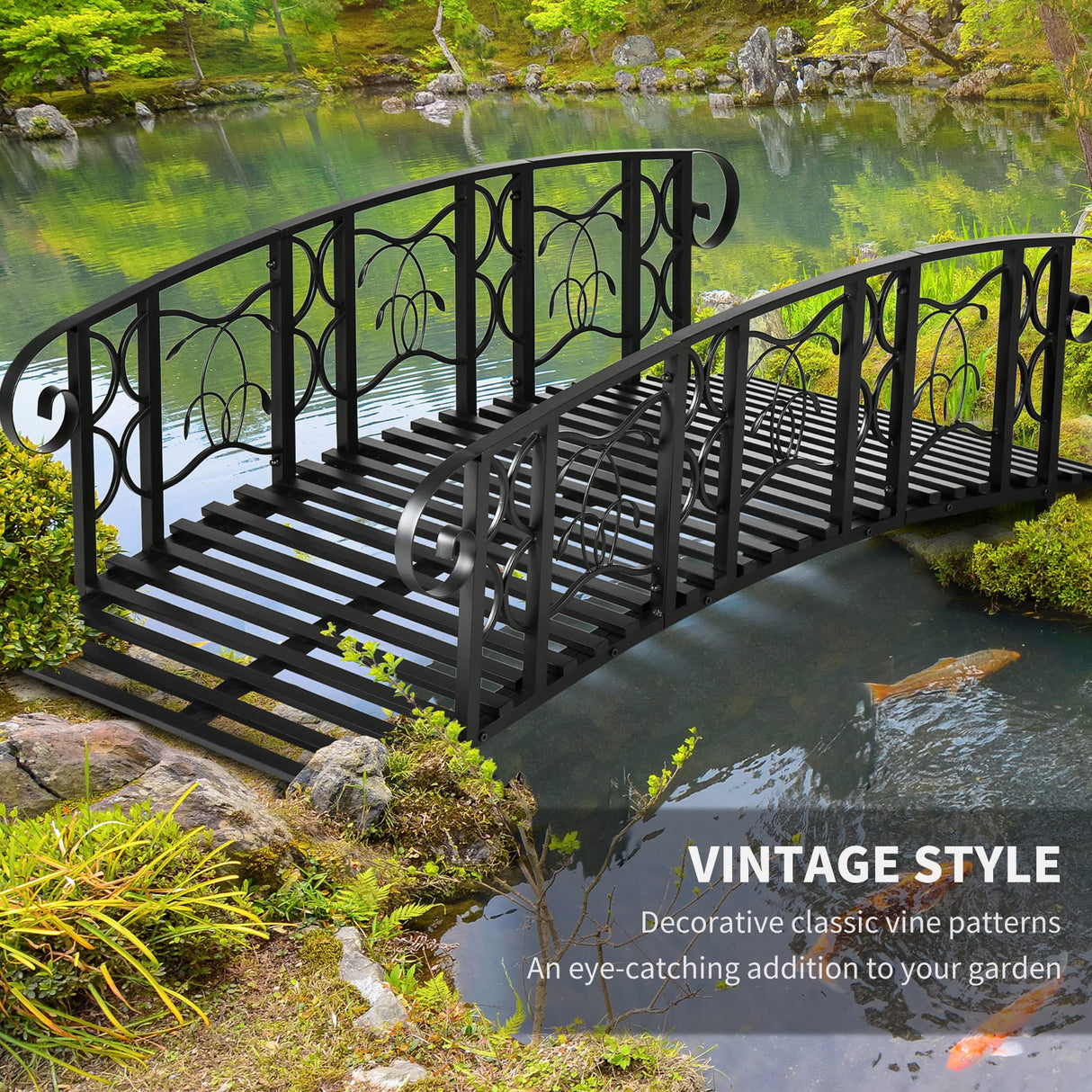 Outsunny 6' Metal Arch Backyard Garden Bridge with 660 lbs. Weight Capacity, Safety Siderails, Vine Motifs, & Easy Assembly for Backyard Creek, Stream, Pond, Black Outsunny