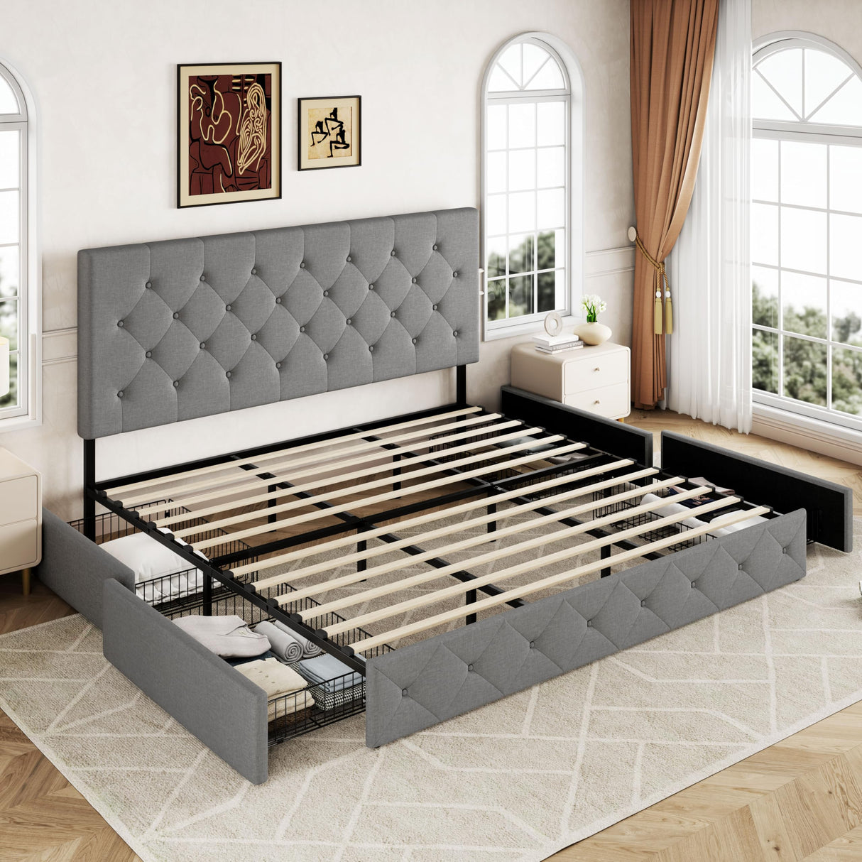 Allewie Upholstered King Size Platform Bed Frame with 4 Storage Drawers and Headboard, Diamond Stitched Button Tufted, Mattress Foundation with Wooden Slats Support, No Box Spring Needed, Light Grey Allewie