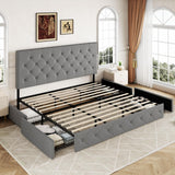 Allewie Upholstered King Size Platform Bed Frame with 4 Storage Drawers and Headboard, Diamond Stitched Button Tufted, Mattress Foundation with Wooden Slats Support, No Box Spring Needed, Light Grey Allewie