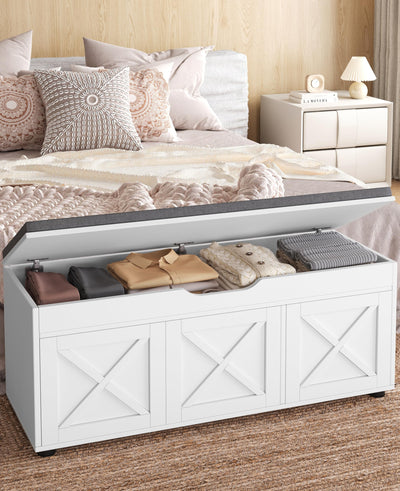 Akxomel Shoe Bench with Lift-Top Storage, 3 Barn Doors Entryway Bench with Removable Cushion, 300lbs Capacity, Farmhouse Hidden Shoe Cabinet Bench, Adjustable Shelf, for Bedroom, Living Room, White