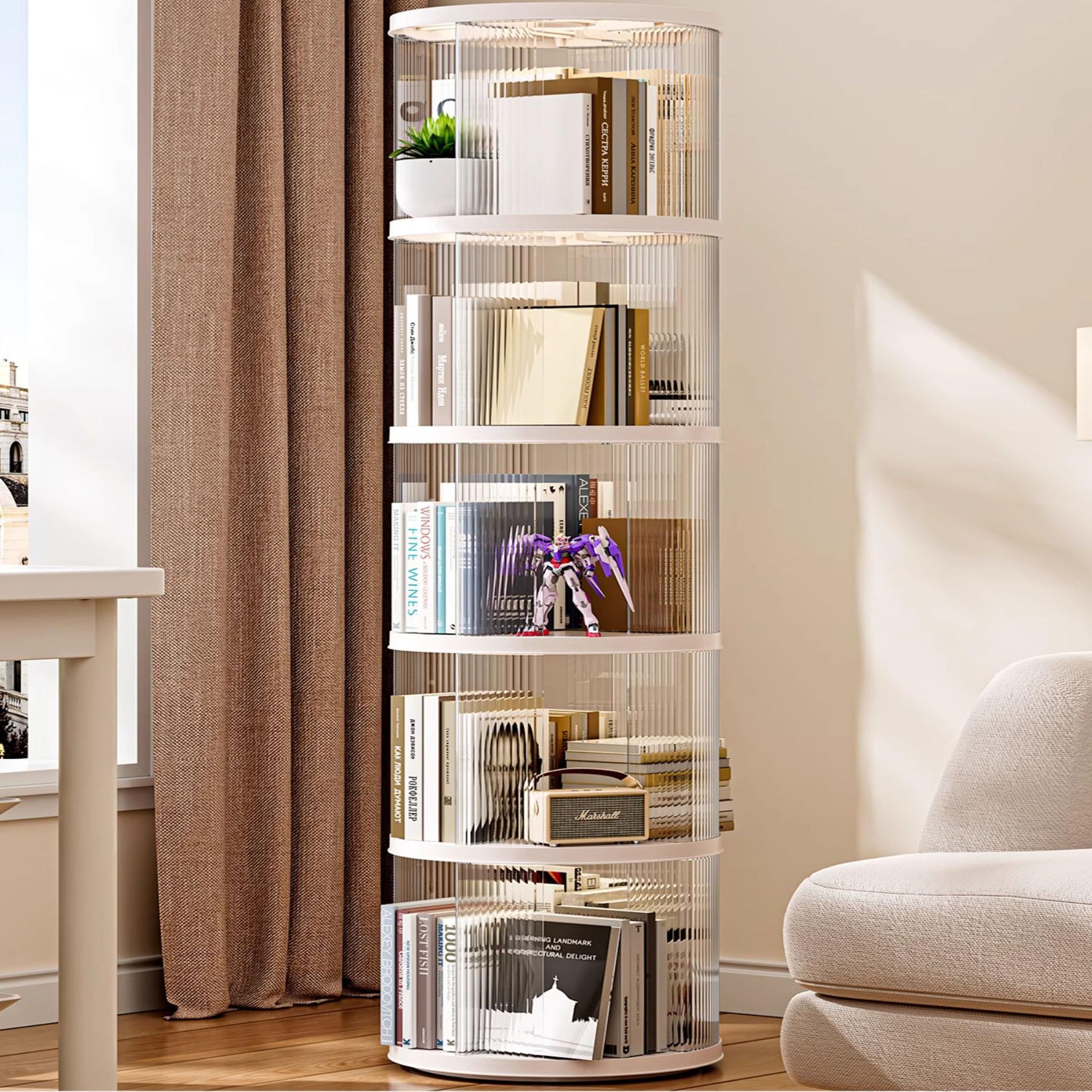 360° Rotating White Bookshelf Tower - 5-Tier Spinning Storage for Small Spaces - WoodArtSupply