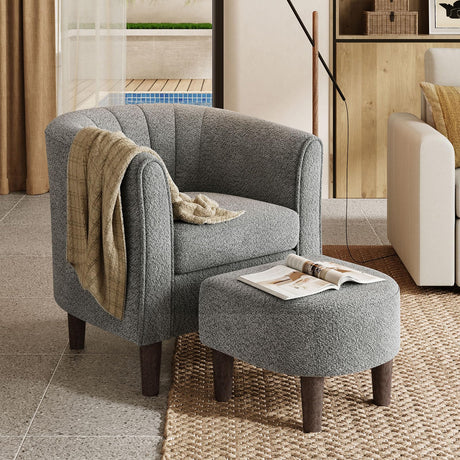 LINSY Accent Chair Ottoman Set: Chenille Barrel Chair with Foot Rest, Mid-Century Modern Small Reading Chair Upholstered Armchair with Footrest for Living Room Bedroom Study Room Office LINSY