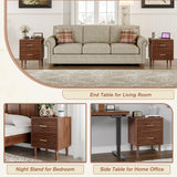 Whalefall Night Stands with Charging Station Set of 2, Mid Century Modern Nightstand, Fluted Bedside Table with Drawer, End Table Bed Side Tables for Bedroom, Accent Tables with Wood Legs, Brown 2pcs Whalefall