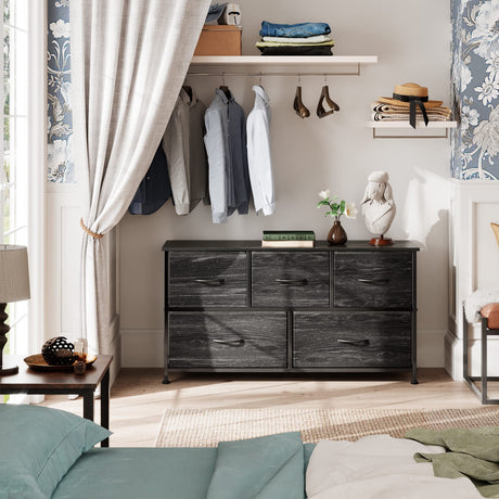 WLIVE Dresser for Bedroom with 5 Drawers, Wide Chest of Drawers, Fabric Dresser, Storage Organizer Unit with Fabric Bins for Closet, Living Room, Hallway, Charcoal Black Wood Grain Print WLIVE