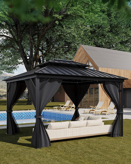 GarveeLife Hardtop Gazebo 12'x14' for All Weather, with Double Metal Roof, Aluminum Alloy Frame, Net, and Curtain, Permanent Building for Patio, Deck, Backyard, Lawn, and Garden, Gray GarveeLife
