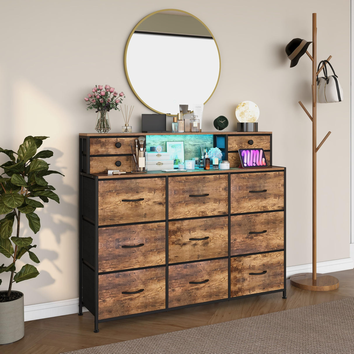 Welfuturer Rustic Dresser with Charging Station and LED Lights Large 13 Drawers Dresser Fabric Chest of Drawers for Bedroom Living Room Hallway Entryway Closets Sturdy Frame Wood Top Brown Welfuturer