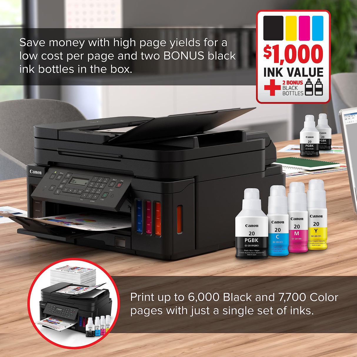 Canon G7020 All-in-One Printer Home Office | Wireless Supertank (Megatank) Printer | Copier | Scan, | Fax and ADF with Mobile Printing, Black, Works with Alexa Canon