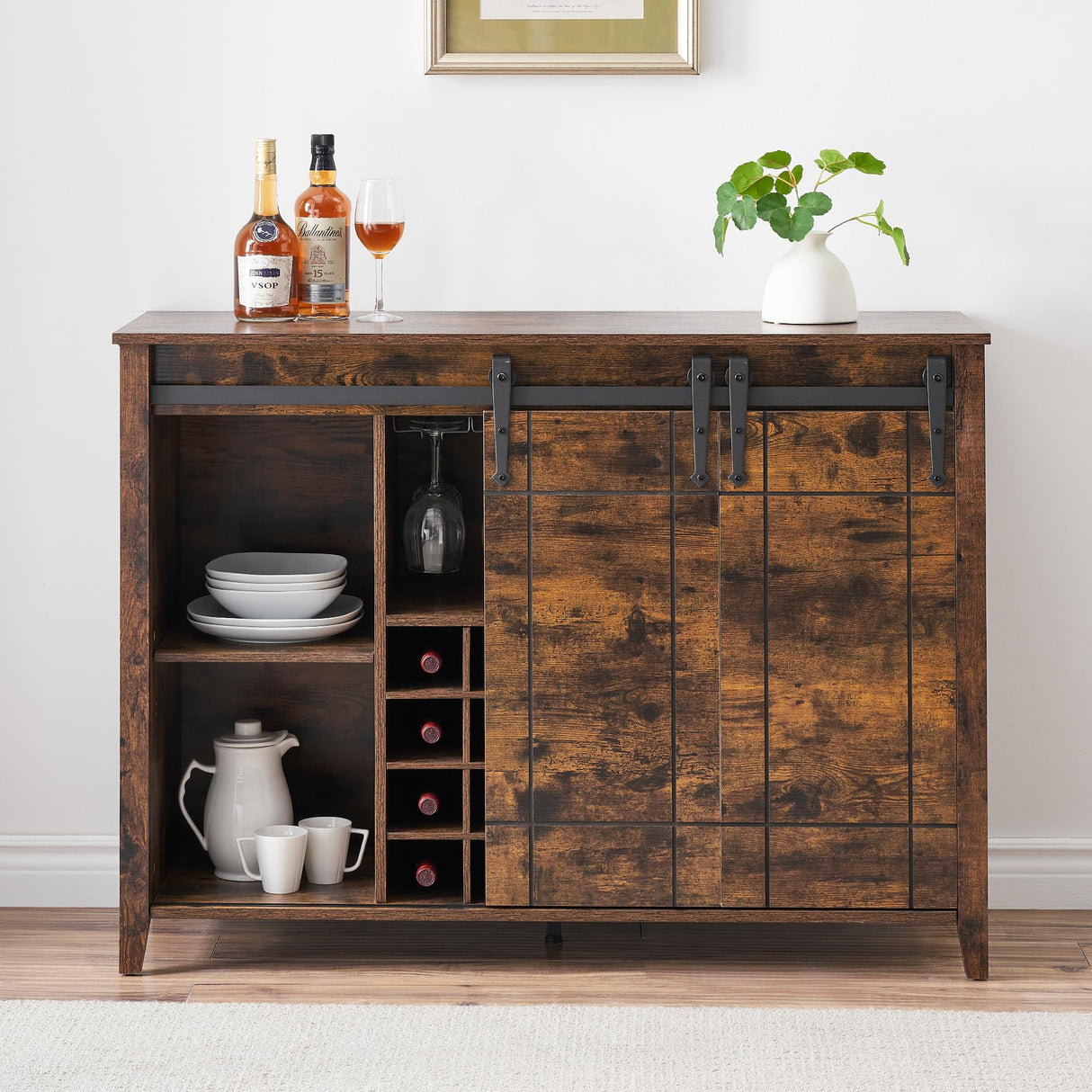 Garvee 47 in Wine Bar Cabinet Modern Liquor Whiskey Coffee Station with 16 Wine Rack and Glass Holder, Farmhouse Buffet Sideboard with Sliding Barn Door Storage for Living Dining Room, Rustic Brown Garvee