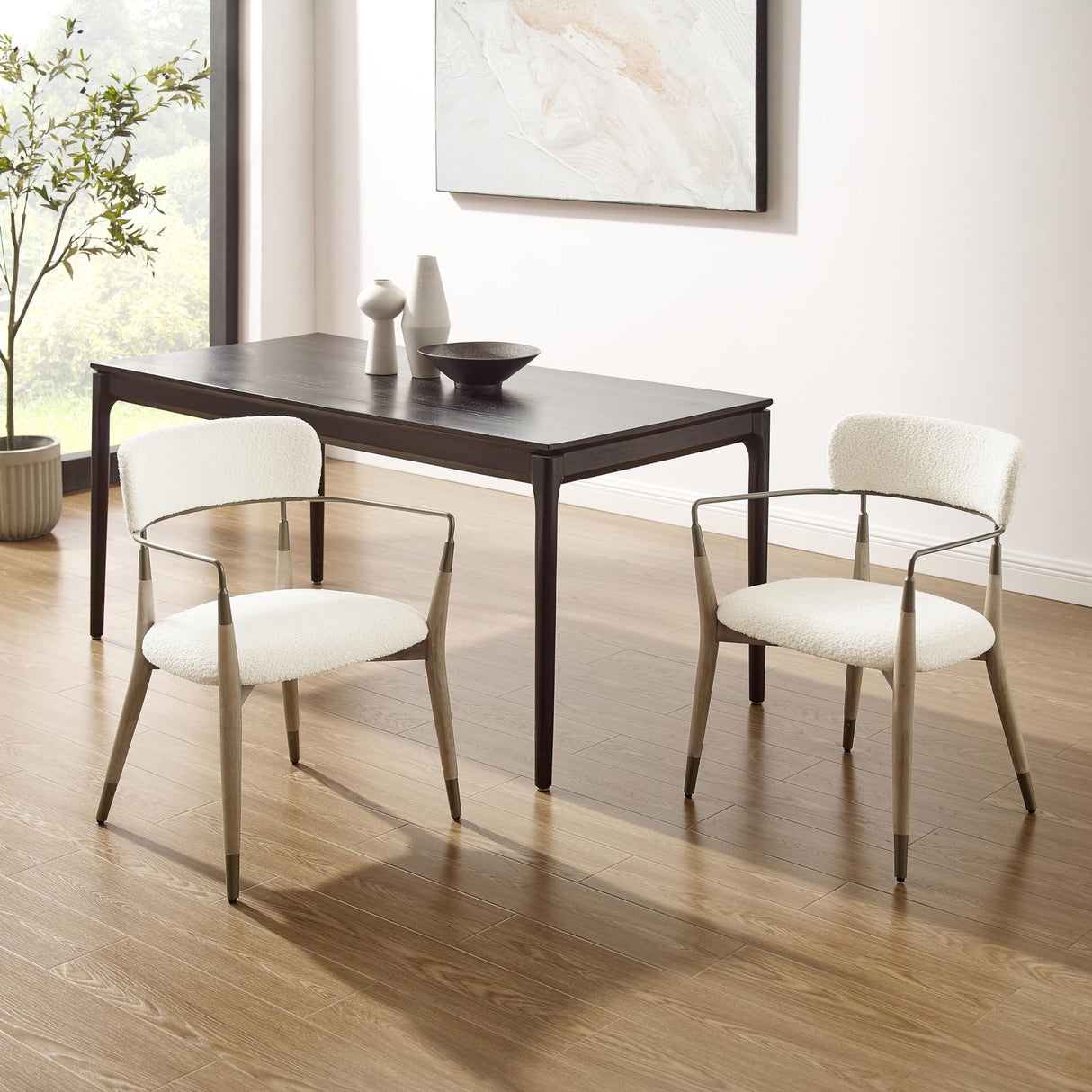 Art Leon Wishbone Dining Chairs - Mid Century Modern Dining Room Chairs, Boucle Fabric Upholstered Accent Chairs with Wood Legs, Arm Chair with Open Backrest, Set of 4, White Art Leon