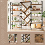 INNOD 70x70" Triple 5 Tier Book Shelf, Large Wooden Bookcase with 17 Open Display Shelf, Modern Tree Bookshelf Metal Frame Tall Book Case Furniture for Living Room Bedroom Home Office Rustic Brown INNOD
