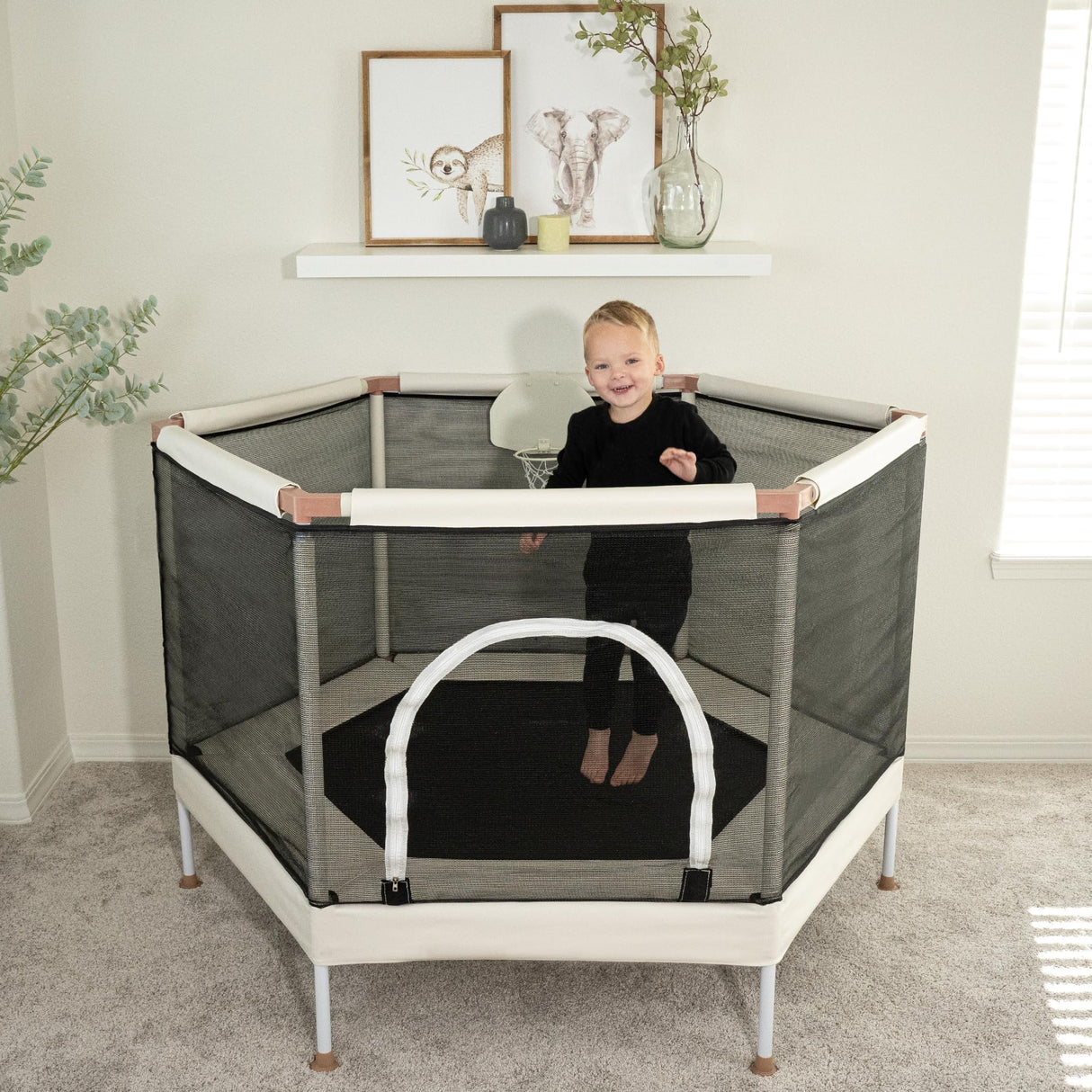 Square House Kids Trampoline, Aesthetic Indoor and Outdoor Toddler Trampoline with Safety Net, Basketball Hoop, 220lb Capacity, Ultra Safe No-Gap Design, Gifts for Boys & Girls (Sand, 5 FT) Square House