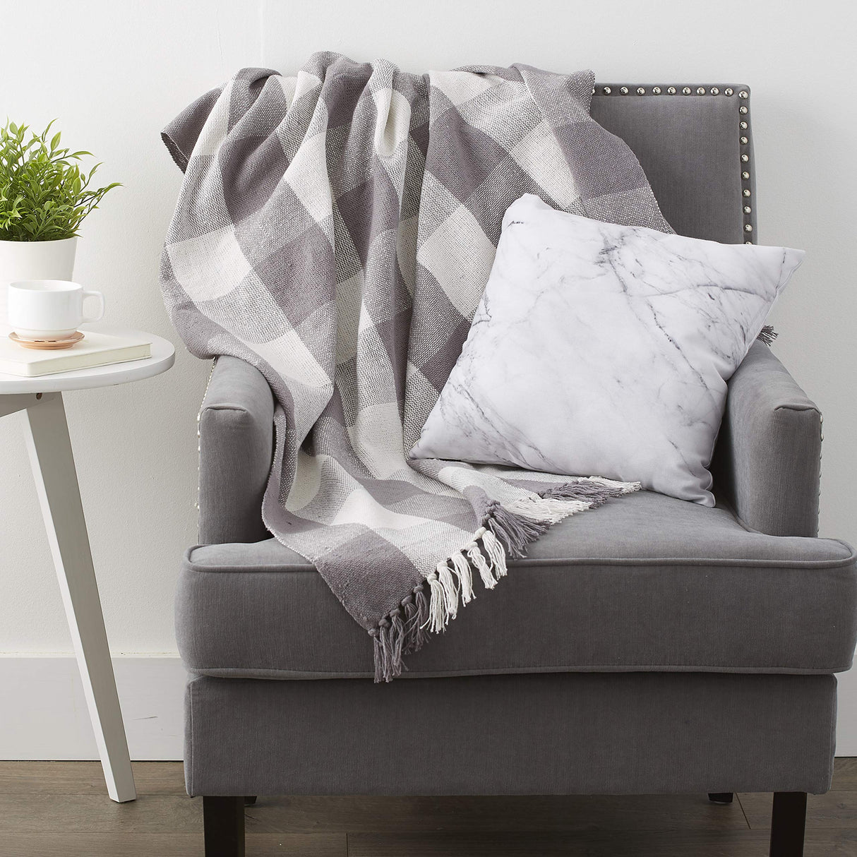 DII Buffalo Check Collection Rustic Farmhouse Throw Blanket with Tassles, 50x60, Gray/White DII