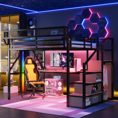 Metal Loft Bed with Desk and RGB LED Lights, Queen Size Loft Bed with Stairs and Charging Station,Adult Loft Beds with Storage Shelves for Upper and Wardrobe,Loft Beds Frame for Kids Teens, Black