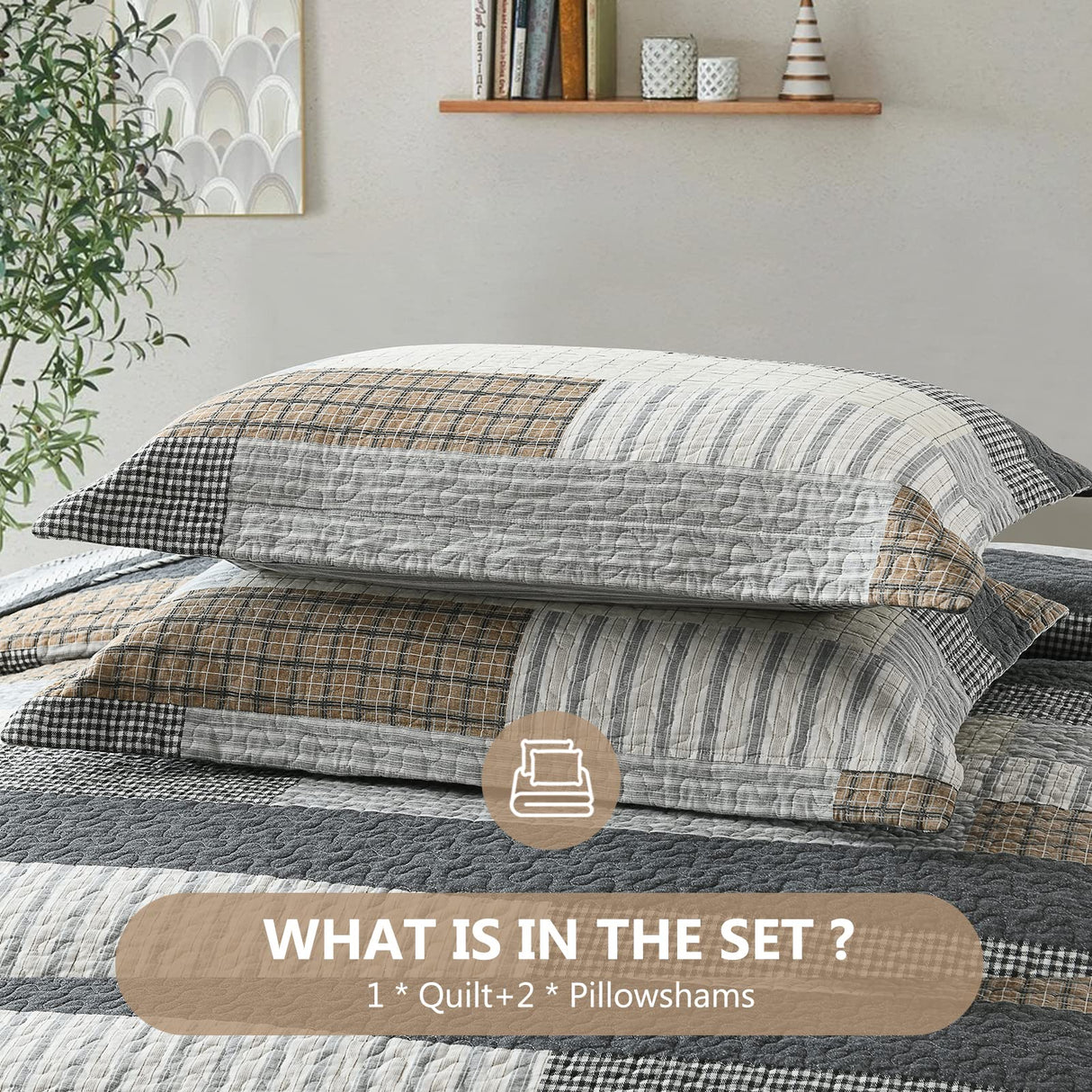 DUOHONG Quilts King Size, King Quilt Bedding Set Bedspread, 100% Cotton Patchwork Quilt for King Bed, 3 Pieces Plaid Farmhouse Reversible Lightweight Comforter Bed Spread, Grey/Tan/Black DUOHONG