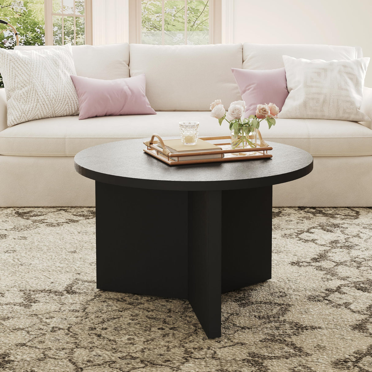 Luoxiao Coffee Table for Small Space, Minimalist Modern Table for Living Room, Durable & Sturdy Small Round End Table with Adjustable Feet Pads, Black Luoxiao